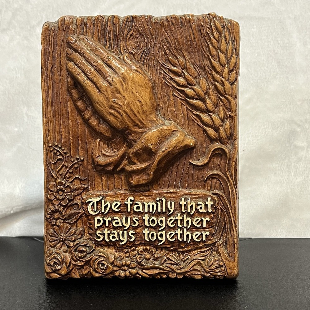 Vintage MCM Napkin Holder Mail Caddy Praying Hands FAMILY Made in USA Faux Wood